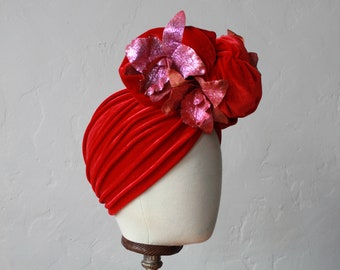 Vintage 1940's style Valentine Red Velvet Turban Headband with Pink Glitter Orchids ~ Carmen Miranda Headband - Pinup Rockabilly Accessory