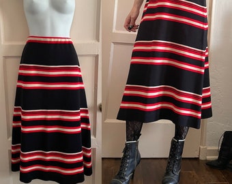 Vintage 1970’s Black, red and white wool A-line midi skirt 30" - 36" waist
