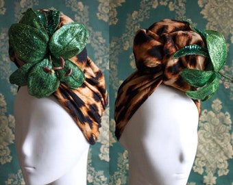 Vintage 1940's style Leopard Print Turban Headband with Green Glitter Hibiscus ~ Carmen Miranda ~ 1940's Turban - Rockabilly pinup VLV