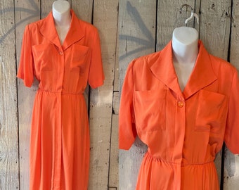 Vintage 1970's Orange shirt dress Henry Lee  - easter dress - Spring shirtdress  Bust 40" waist 30"