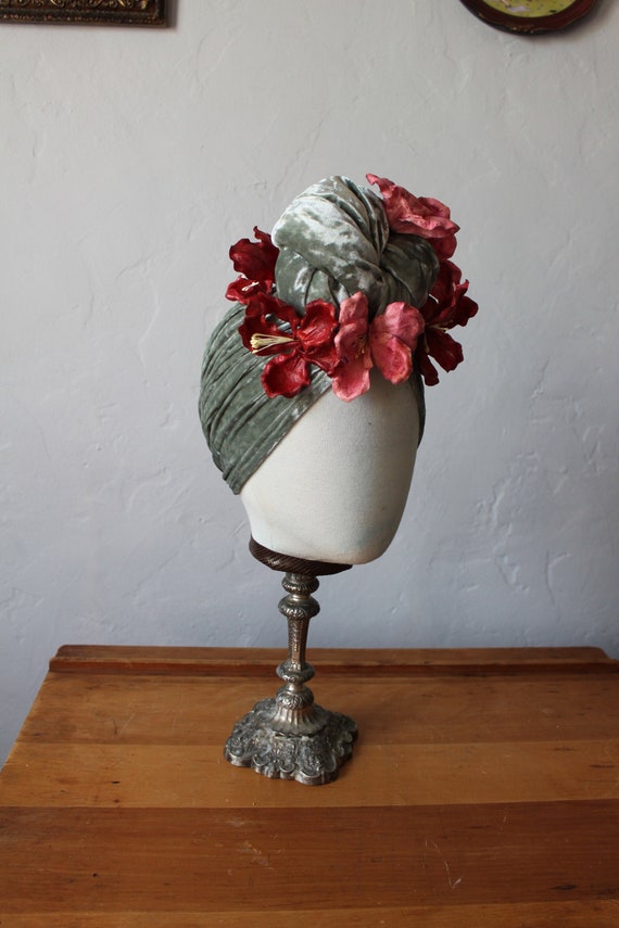 Women’s Vintage Floral Velvet Turban Headband in Pink and Green If you main image 3