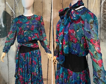 Vintage Romantic 1980’s Diane Fries Blue and Purple Beaded Silk Georgette Dress with bias cut skirt and scarf. Size US 8