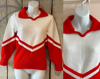 Vintage 1960's White and Red chevron Cheerleader sweater with collar by Cheerleader Supply Co. Size 34" bust