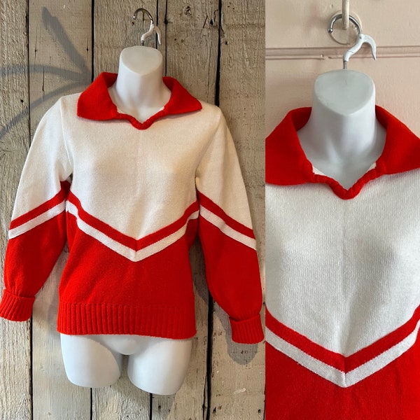 Vintage 1960's White and Red chevron Cheerleader sweater with collar by Cheerleader Supply Co. Size 34" bust