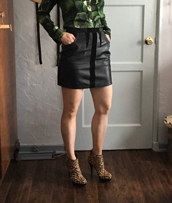 Vintage 1960's Black Leather Mini Skirt with Suede
