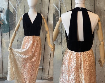Vintage 1960’s chocolate brown velvet and peach burnout floral organza halter dress. waist 30" bust 36"