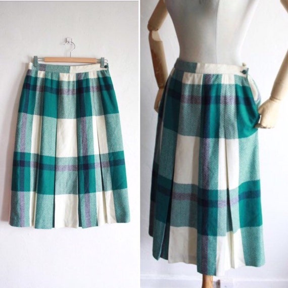 Teal and Purple Size 28 Waist Vtg 80/'s Does 50/'s Wool Plaid Skirt