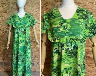 Vintage hawaiian summer maxi dress - beach cover up dress - 1950s style house  dress - VLV - novelty print dress - tiki dress Bust 40"