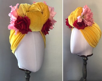 Vintage 1940's style Yellow Velvet Turban Headband with Pink Carnation & Red rose Carmen Miranda  - Pinup Rockabilly Style Hair Accessory