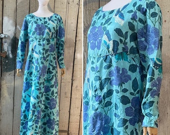 Vintage 1970’s blue, floral printed raw silk maxi dress with empire line. Bust 42"