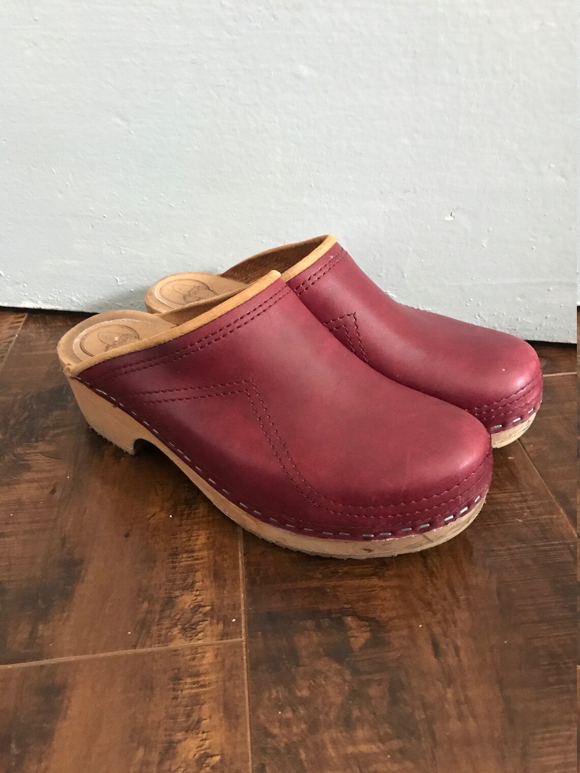 Vintage Samhall Trolls Clogs in burgundy and tan leather | Etsy