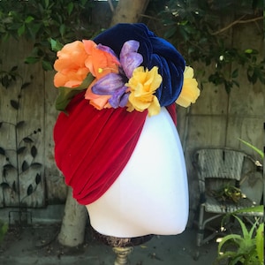 Vintage 1940&#39;s style Red & Blue Velvet Turban Headband with Pride Rainbow Flowers Carmen Miranda - Pinup Rockabilly Style Hair Accessory