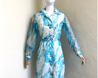 Vintage 1960's Daddy Draddy's blue and white ink marbled swirl Chiffon shirt dress - Artist's dress - Bust 38" waist 32"