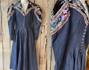 Vintage 1980’s does Victorian Denim western dress with floral patchwork. Waist 28”