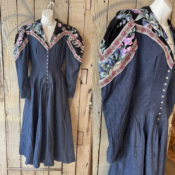 Vintage 1980’s does Victorian Denim western dress… - image 1