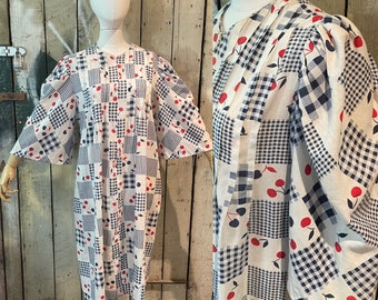 Vintage 1970’s David Brown red cherry and blue and white gingham house dress Size L