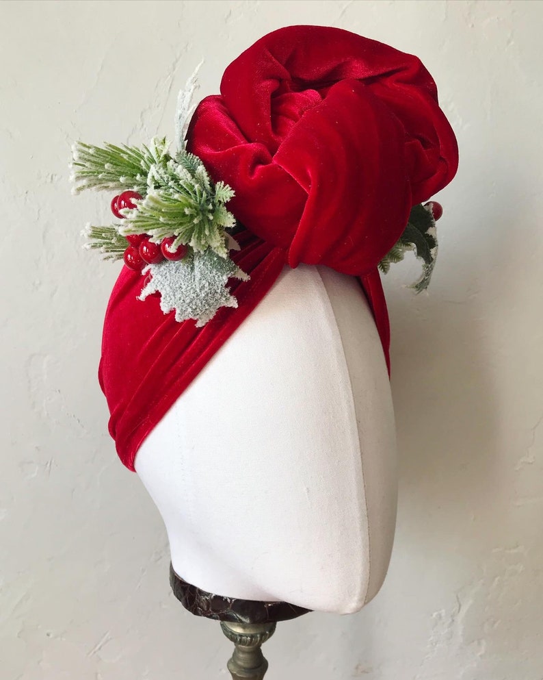 Vintage style Red Velvet Christmas Turban Headband with Holly berries Carmen Miranda 1940's Turban Pinup Rockabilly Hair Accessory image 4