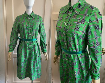 Vintage 1970's Green and Purple Check Shirt Dress - Spring green dress - Easter Dress - Size US 10