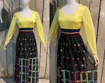 Beautiful Vintage 1960’s Yellow and Embroidered Black Organza Evening dress by Jack Bryan  Size Med
