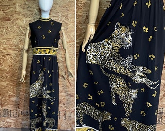 Vintage 1970’s leopard and cubs print maxi dress with high collar - vtg novelty print - VLV