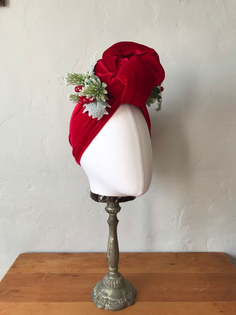 Vintage style Red Velvet Christmas Turban Headband with Holly berries Carmen Miranda 1940's Turban Pinup Rockabilly Hair Accessory image 1