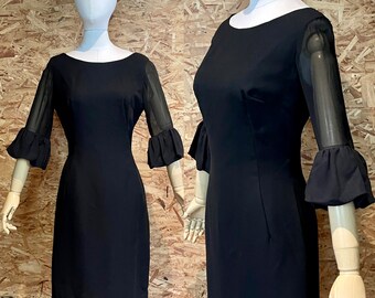 Vintage 1960’s Black crepe and chiffon Widow Dress. LBD - Sexy widow. Crepe cocktail dress Bust 38” waist 28”