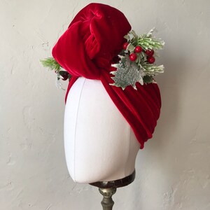 Vintage style Red Velvet Christmas Turban Headband with Holly berries Carmen Miranda 1940's Turban Pinup Rockabilly Hair Accessory image 2