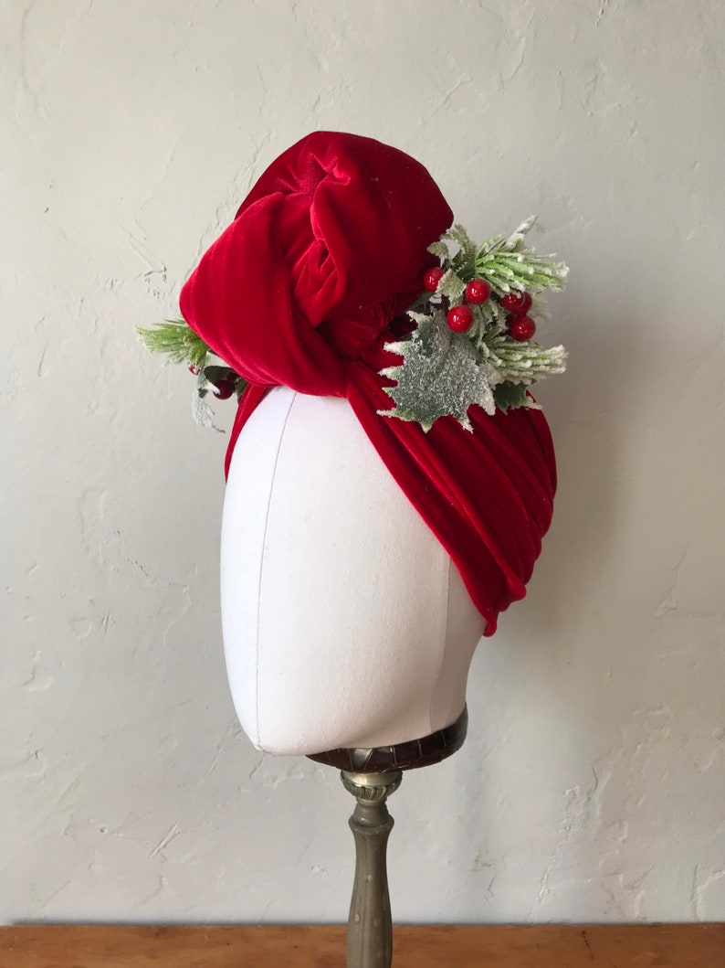 Vintage style Red Velvet Christmas Turban Headband with Holly berries Carmen Miranda 1940's Turban Pinup Rockabilly Hair Accessory image 2