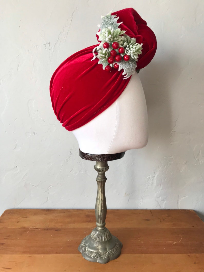 Vintage style Red Velvet Christmas Turban Headband with Holly berries Carmen Miranda 1940's Turban Pinup Rockabilly Hair Accessory image 3