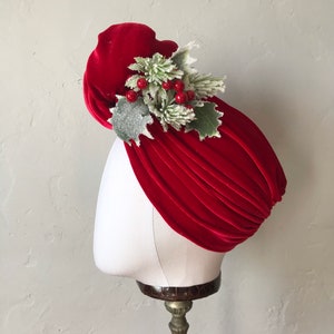 Vintage style Red Velvet Christmas Turban Headband with Holly berries Carmen Miranda 1940's Turban Pinup Rockabilly Hair Accessory image 5