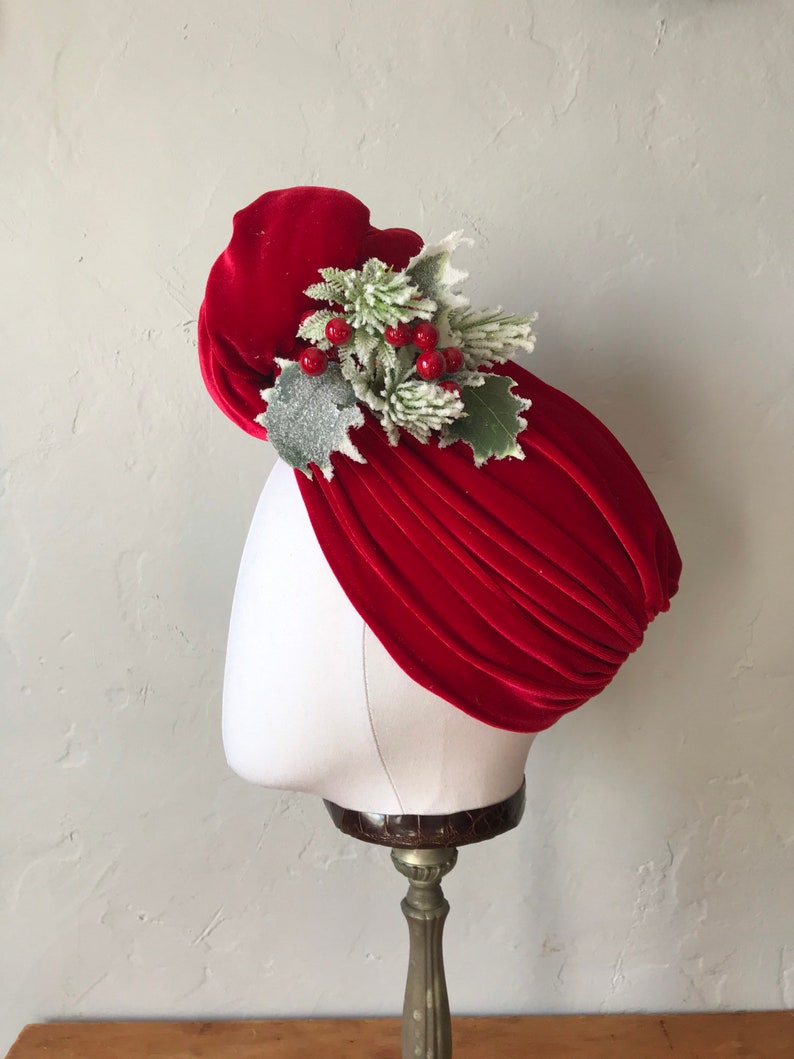 Vintage style Red Velvet Christmas Turban Headband with Holly berries Carmen Miranda 1940's Turban Pinup Rockabilly Hair Accessory image 5