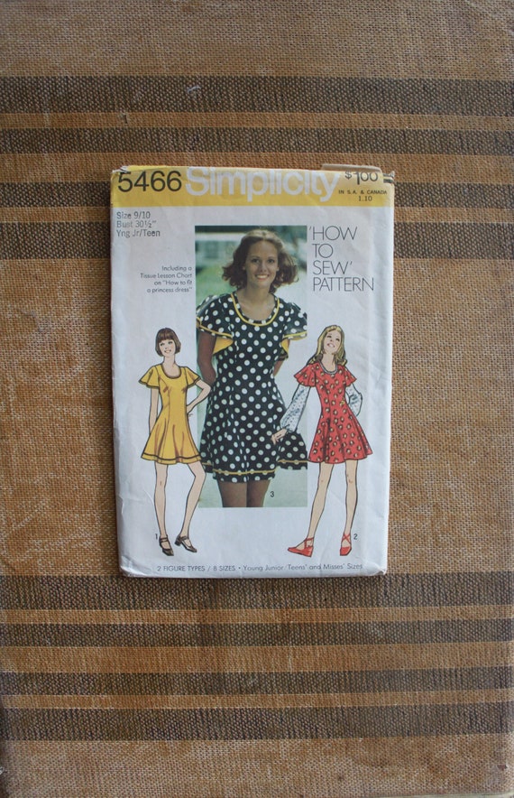 simplicity skater dress pattern Simplicity 5466 - 1970's Mini Skater Dress with princess seaming and flared sleeves