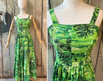 Vintage hawaiian summer maxi dress - Prairie dress - 1950s style fit and flare dress - VLV - novelty print dress tiki dress waist 27"