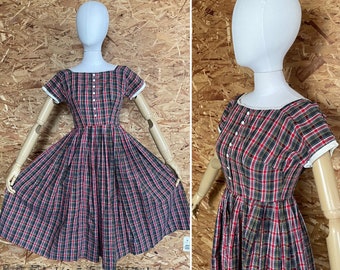 Vintage 1950’s Red, Black and yellow Check Square Dance Dress - Patio Dress VLV Bust 36" waist 25"