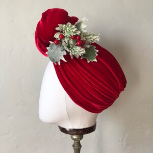 Vintage style Red Velvet Christmas Turban Headband with Holly berries Carmen Miranda 1940's Turban Pinup Rockabilly Hair Accessory image 6