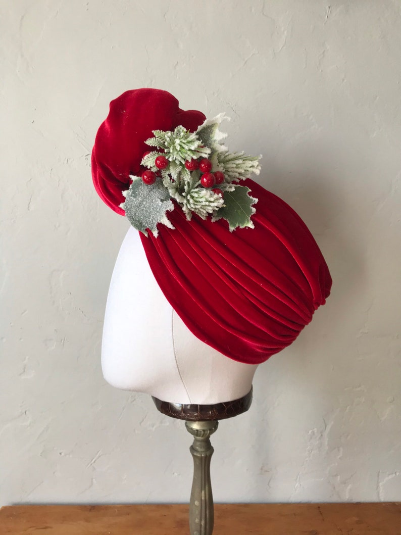 Vintage style Red Velvet Christmas Turban Headband with Holly berries Carmen Miranda 1940's Turban Pinup Rockabilly Hair Accessory image 6