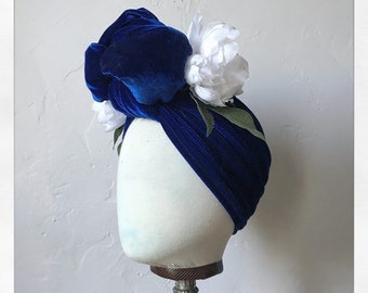 Vintage 1940's style Blue Velvet Turban Headband with White Peonies ~ Carmen Miranda ~ 1940's Turban - Pinup Rockabilly Style Hair Accessory