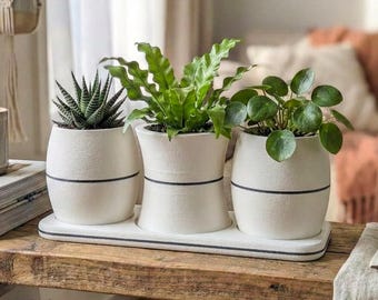 Minimalist Planter Set with Tray - Black and White Succulent Pots - Scandi Faux Stone Planter - Small Cactus Pot - Modern Japandi Decor