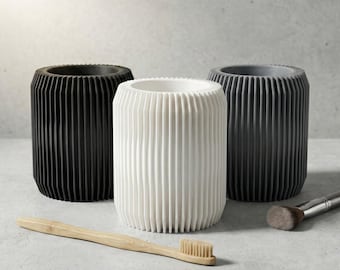 Minimalist black or white designer pot - Toothbrush and pencil holder with geometric texture