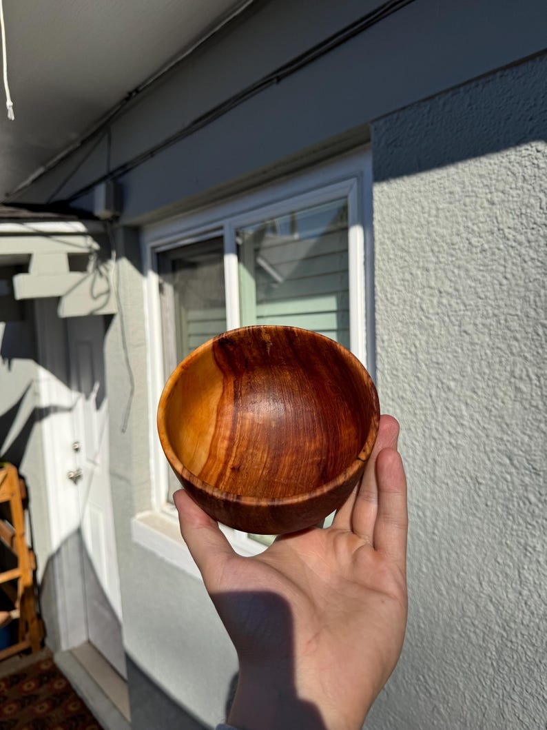 Pu&ograve; includere: Una ciotola di legno fatta a mano, di un ricco colore marrone caldo. La ciotola ha una finitura liscia e lucida e un motivo naturale di venature del legno. La ciotola &egrave; tenuta in una mano, mostrando la sua forma rotonda e le variazioni di tonalit&agrave; del legno.