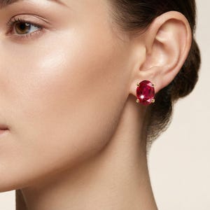 A+ Flawless Mozambique Red Ruby Oval Gemstone Earring, 925 Sterling Silver Gold Plated Pushback Studs, Valentine's Day 7x5 MM