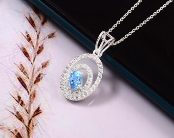 Oval Pendant 6x4mm with Ceylon Blue Spinel Gemstone Sterling Silver Necklace Dainty Gift for Her Sparkling CZ Accents | Elegant Jewelry
