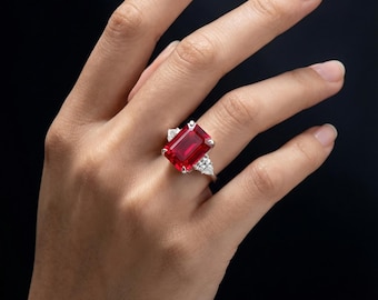 AAA Mozambique Blood Red Ruby Sterling Silver, Radiant Cut Solitaire Gemstone Ring, Engagement Ring | Birthstone Jewelry Gift 11x9 MM