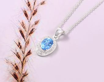 Oval Pendant with 8x6mm Ceylon Blue Spinel Gemstone Sterling Silver Necklace Dainty Gift for Her Sparkling CZ Accents | Elegant Jewelry
