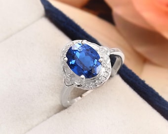 Anillo ovalado de espinela azul de Ceilán de calidad AAA impecable, anillo de plata de ley 925, anillo de boda llamativo, anillo de compromiso 9 x 7 mm