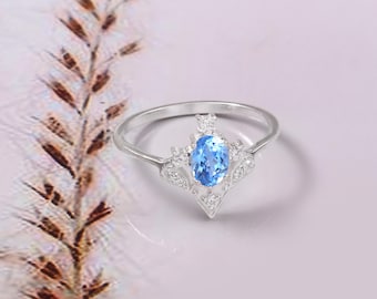 Anillo de espinela azul de Ceilán de inspiración vintage – Anillo ovalado de plata de ley con detalles de circonitas cúbicas, elegante joyería de estilo art déco de 6 x 4 mm