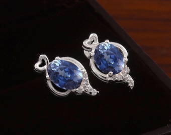 Pendientes ovalados de zafiro azul real de Ceilán / Pendientes clásicos solitarios de plata de ley / Delicado regalo de joyería con piedra natal para ella 7 x 5 mm