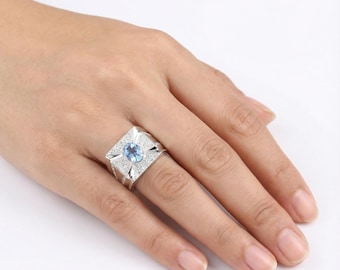 Anillo de espinela azul de Ceilán de talla ovalada impecable, anillo de compromiso de plata de ley con detalles de circonitas blancas, delicado regalo de joyería con piedra natal para ella 9x7
