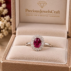 Oval Cut Ruby Ring, 925 Sterling Silver Halo Engagement Ring, Vintage Bridal Anniversary Gift for Her 9x7 MM