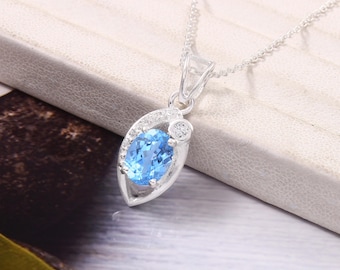 Oval Pendant with Ceylon Blue Spinel Gemstone Sterling Silver Necklace Dainty Gift for Her Sparkling CZ Accents | Elegant Jewelry 8x6mm